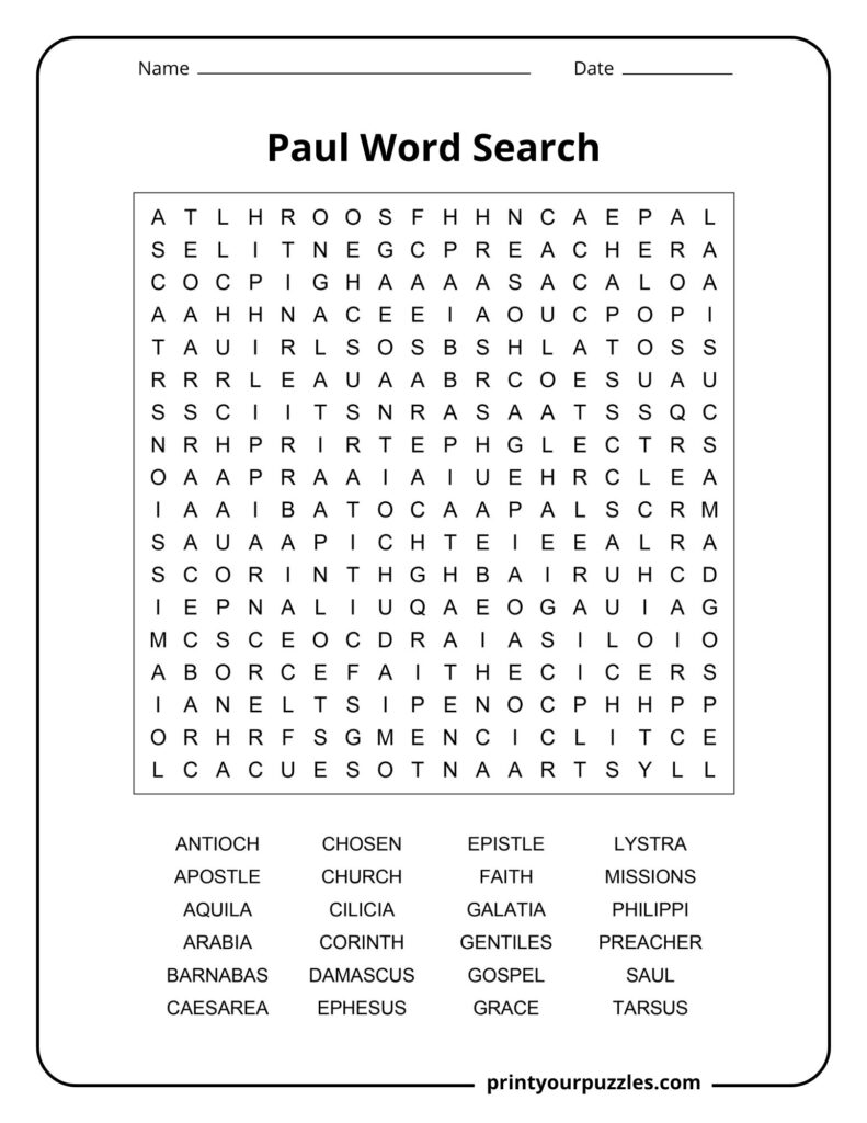 Medium Paul word search puzzle with grid and words like church, faith, Galatia, and Philippi.