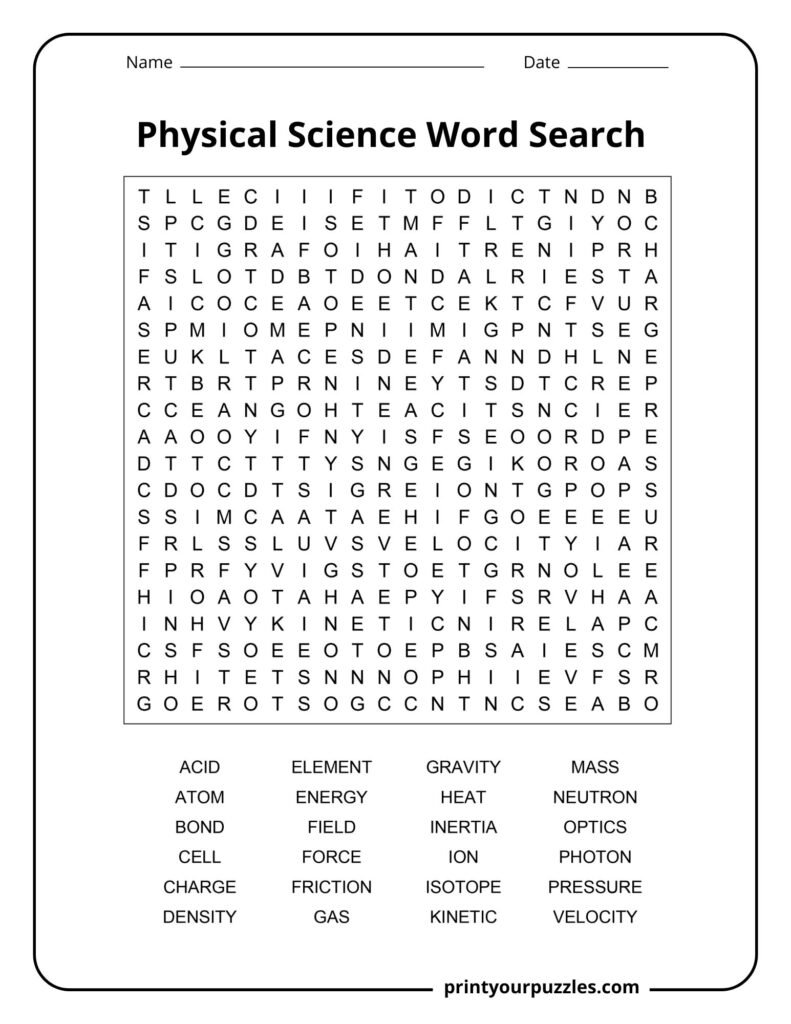 Hard physical science word search printable with terms like gravity, inertia, velocity, and photon.