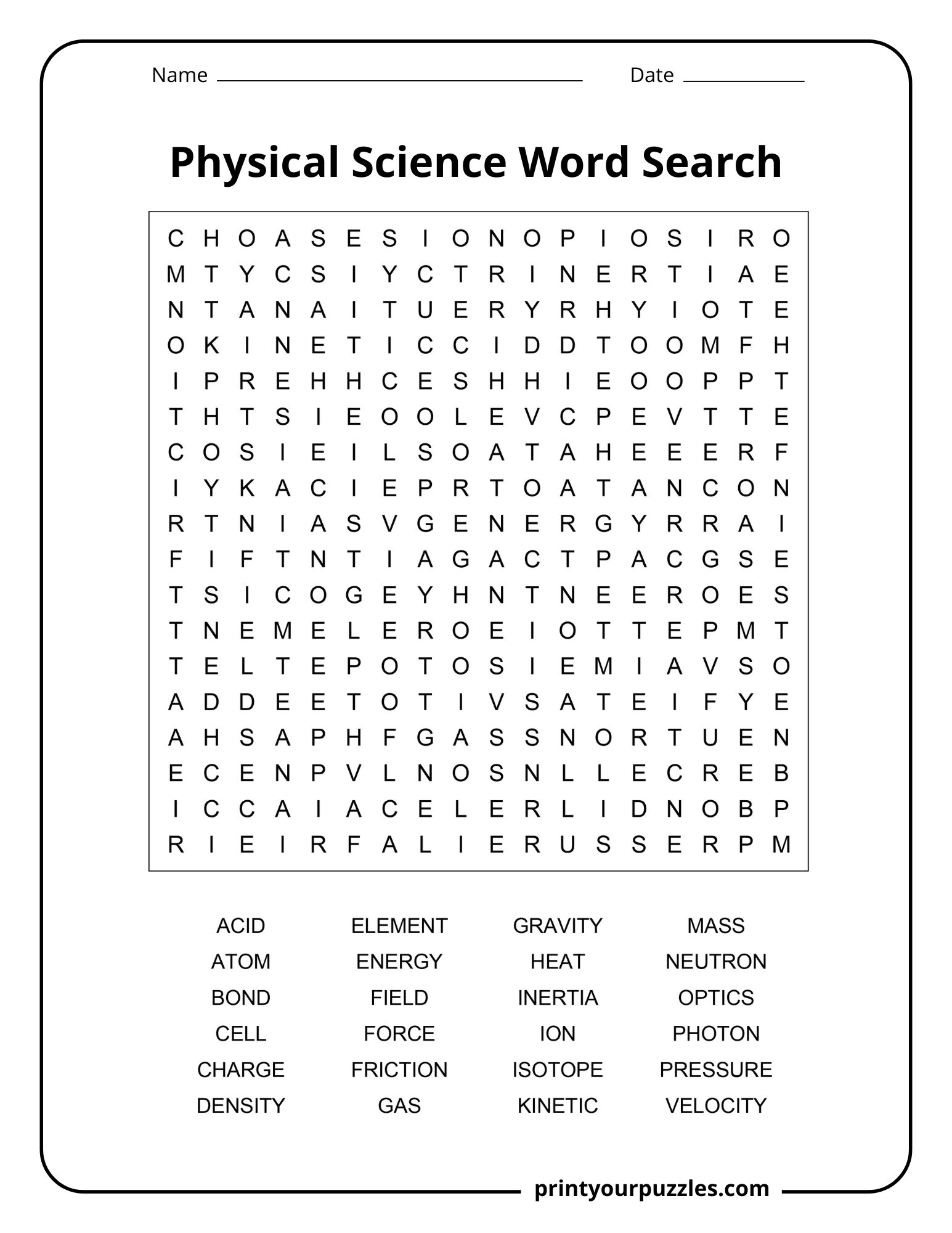 Medium physical science word search printable with terms like energy, force, friction, and density.