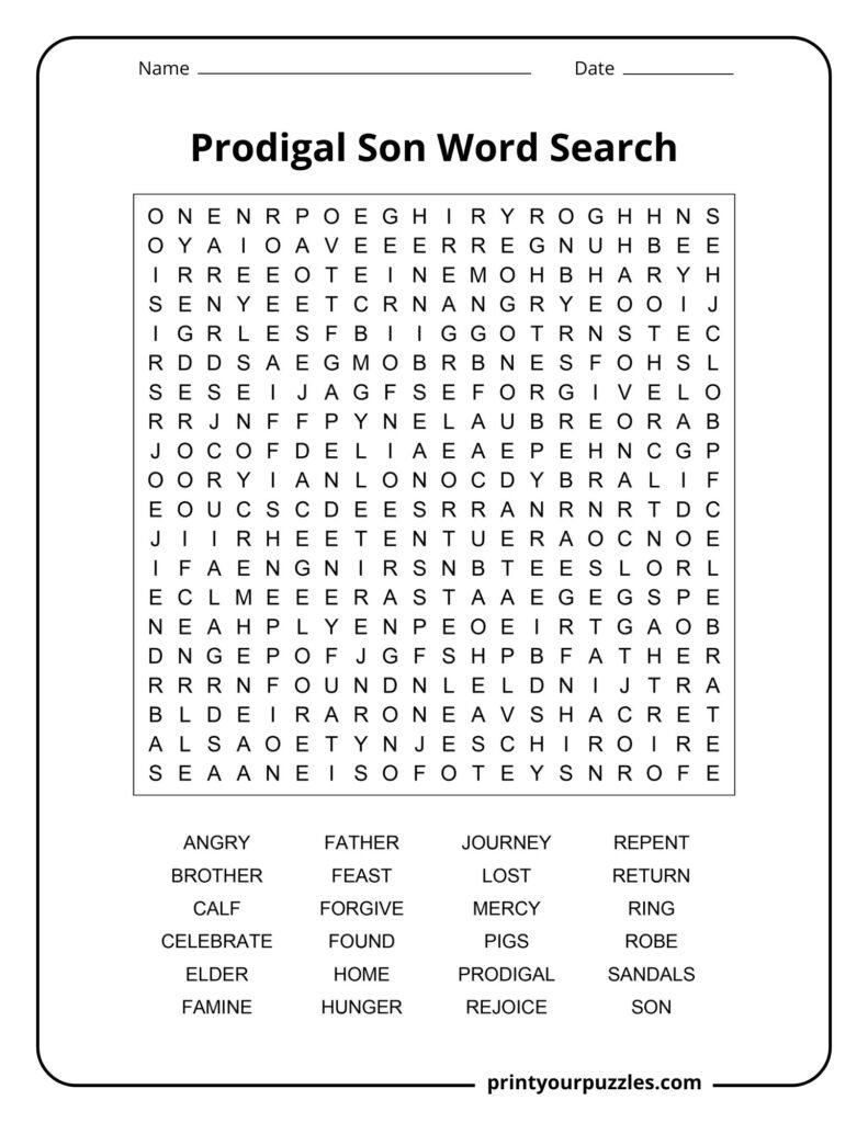 Hard Prodigal Son word search puzzle with dense grid and 24 Bible story-themed hidden words.