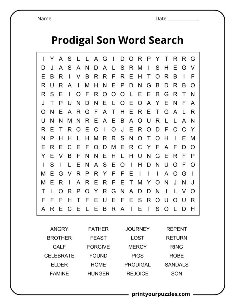 Medium Prodigal Son word search puzzle with clear grid and Bible parable-themed hidden words.