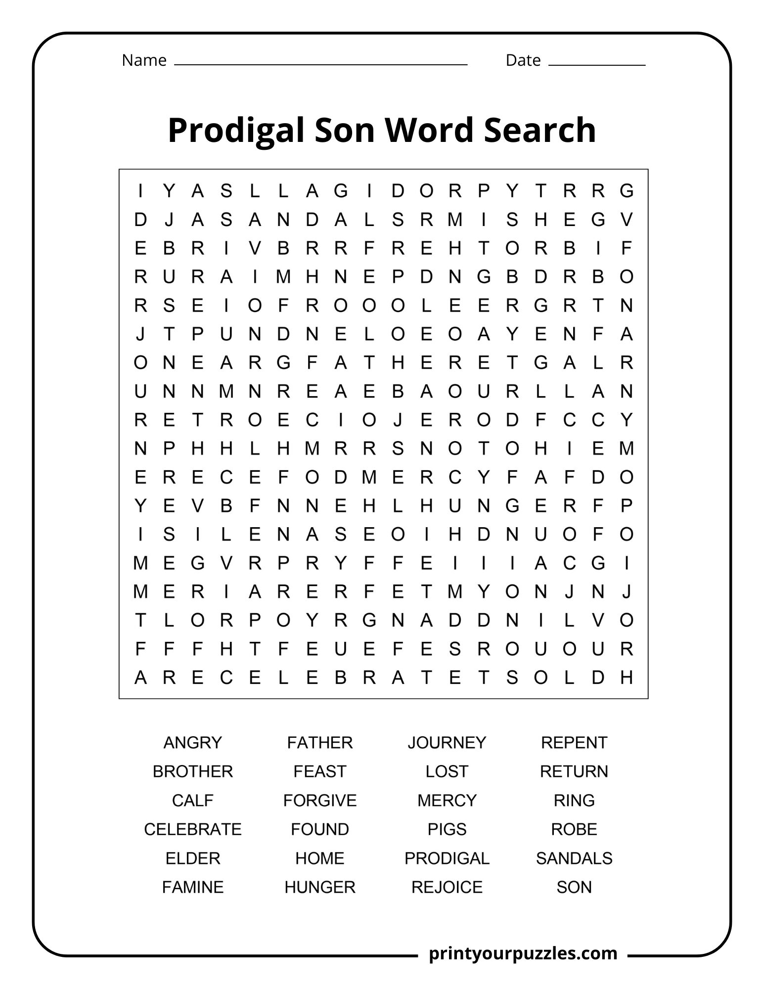 Medium Prodigal Son word search puzzle with clear grid and Bible parable-themed hidden words.
