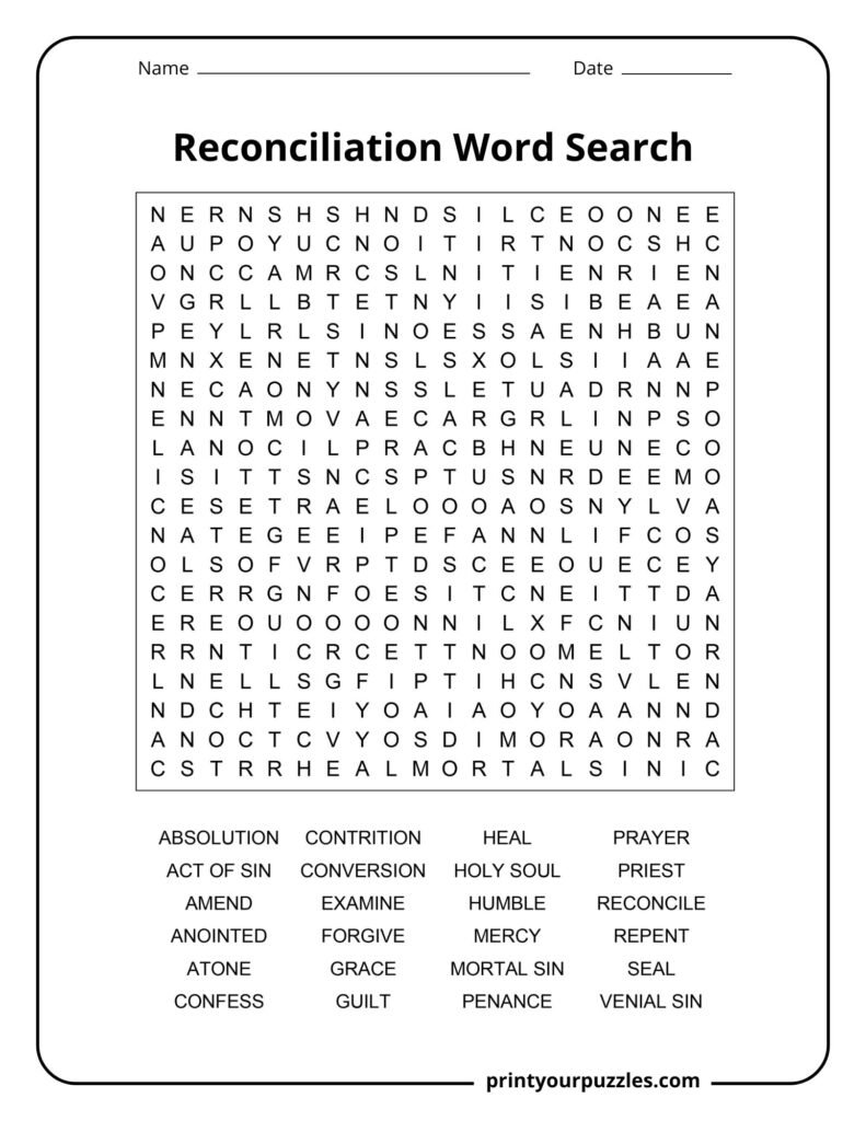 Hard Reconciliation word search puzzle with 20x20 grid and 24 words like confession, grace, penance, and absolution.