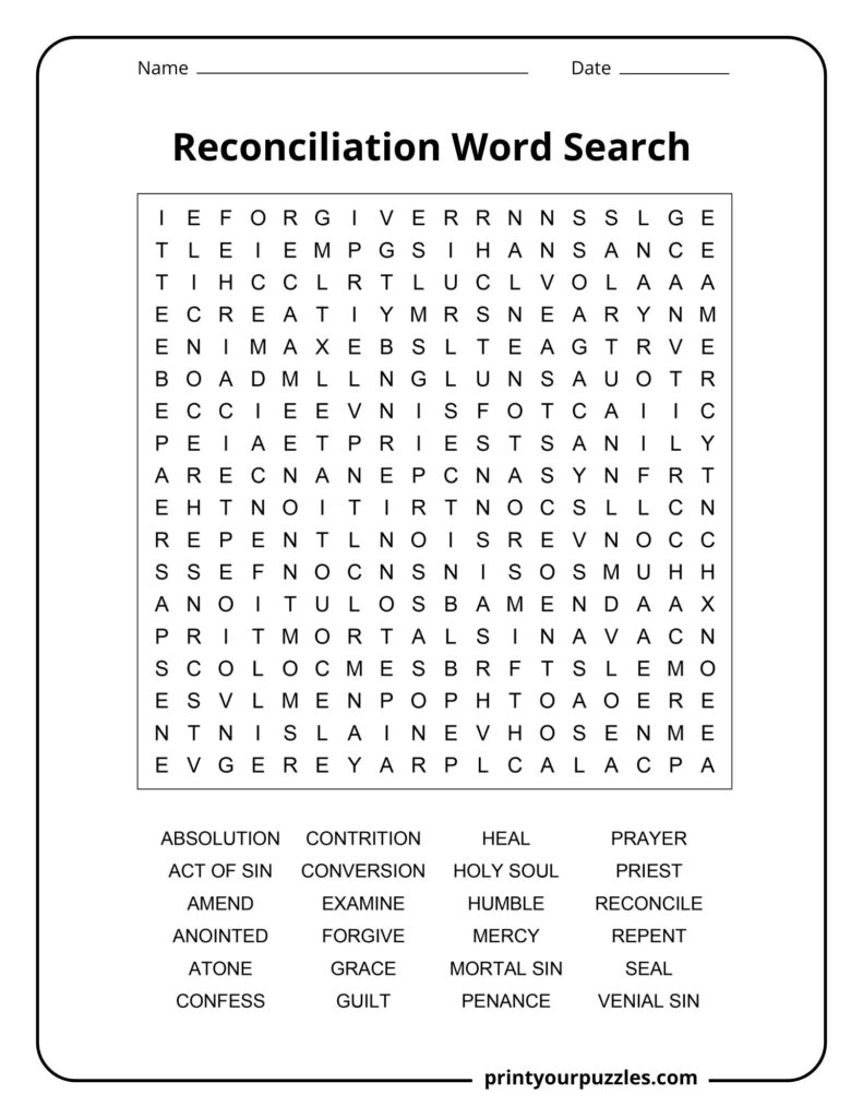 Medium Reconciliation word search puzzle with grid and words like forgive, mercy, repent, and priest.
