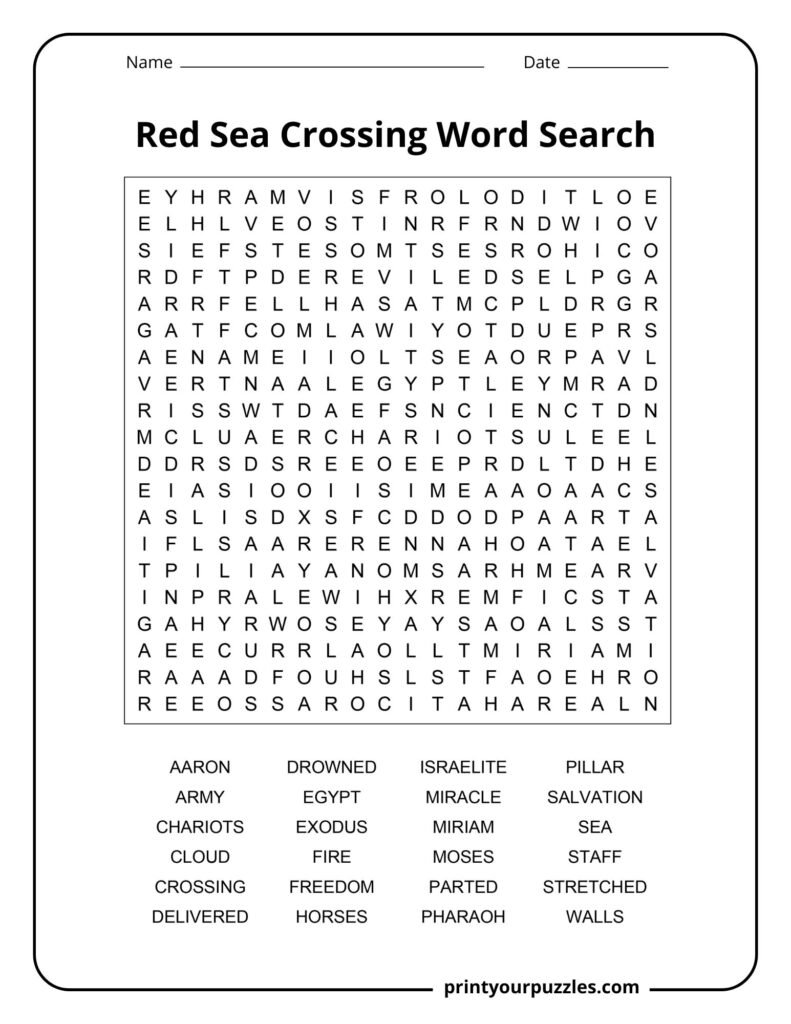 Hard Red Sea Crossing word search puzzle with large grid and biblical terms like Moses, Pharaoh, and miracle.