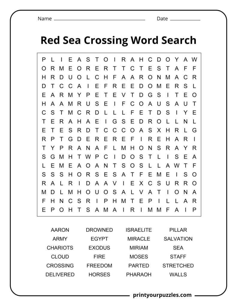 Medium Red Sea Crossing word search puzzle with balanced grid and biblical terms like Egypt, sea, and freedom.