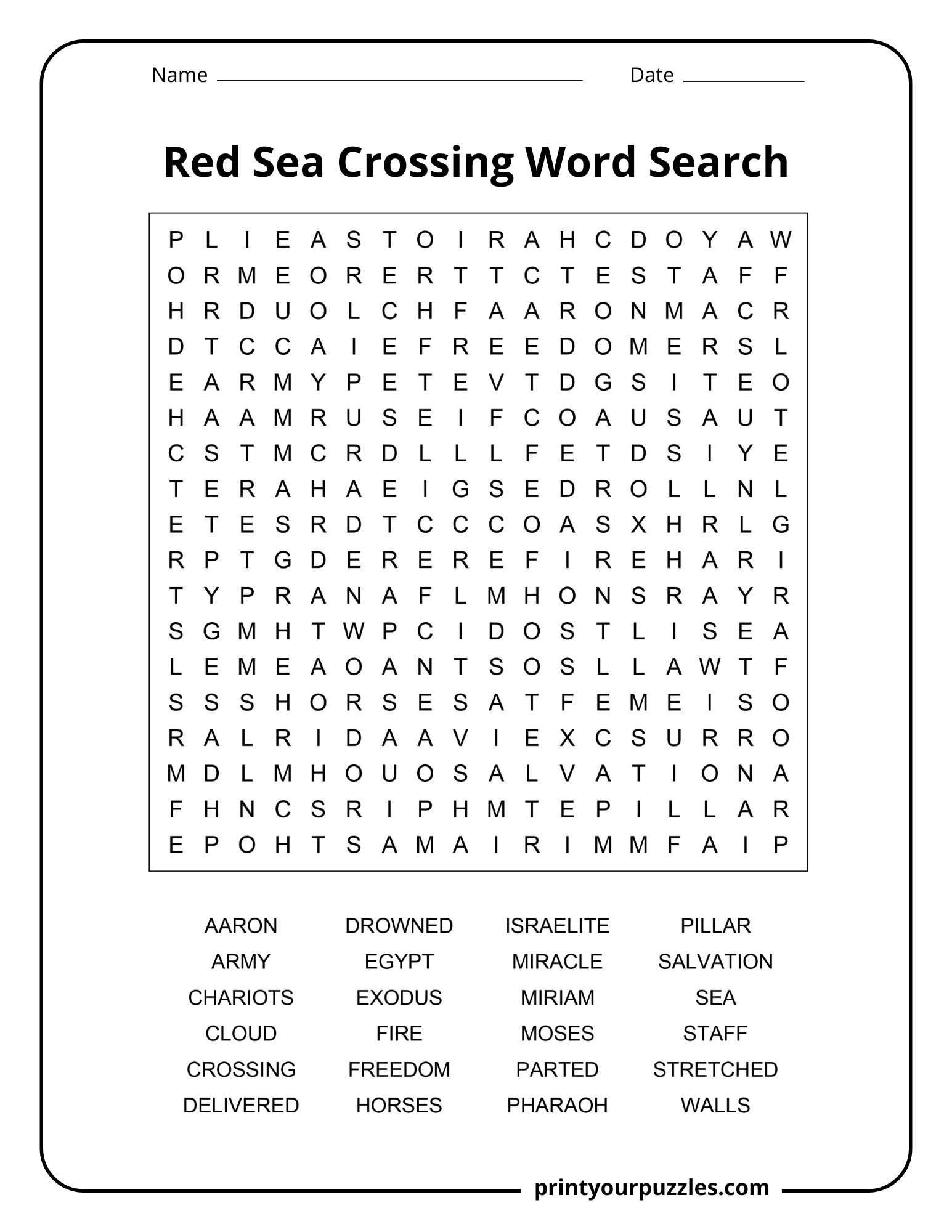 Medium Red Sea Crossing word search puzzle with balanced grid and biblical terms like Egypt, sea, and freedom.