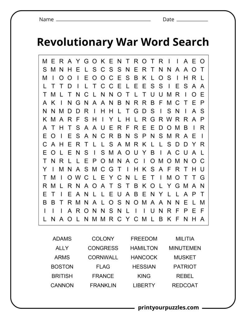 Hard Revolutionary War word search printable with 24 history-themed terms from the American Revolution.