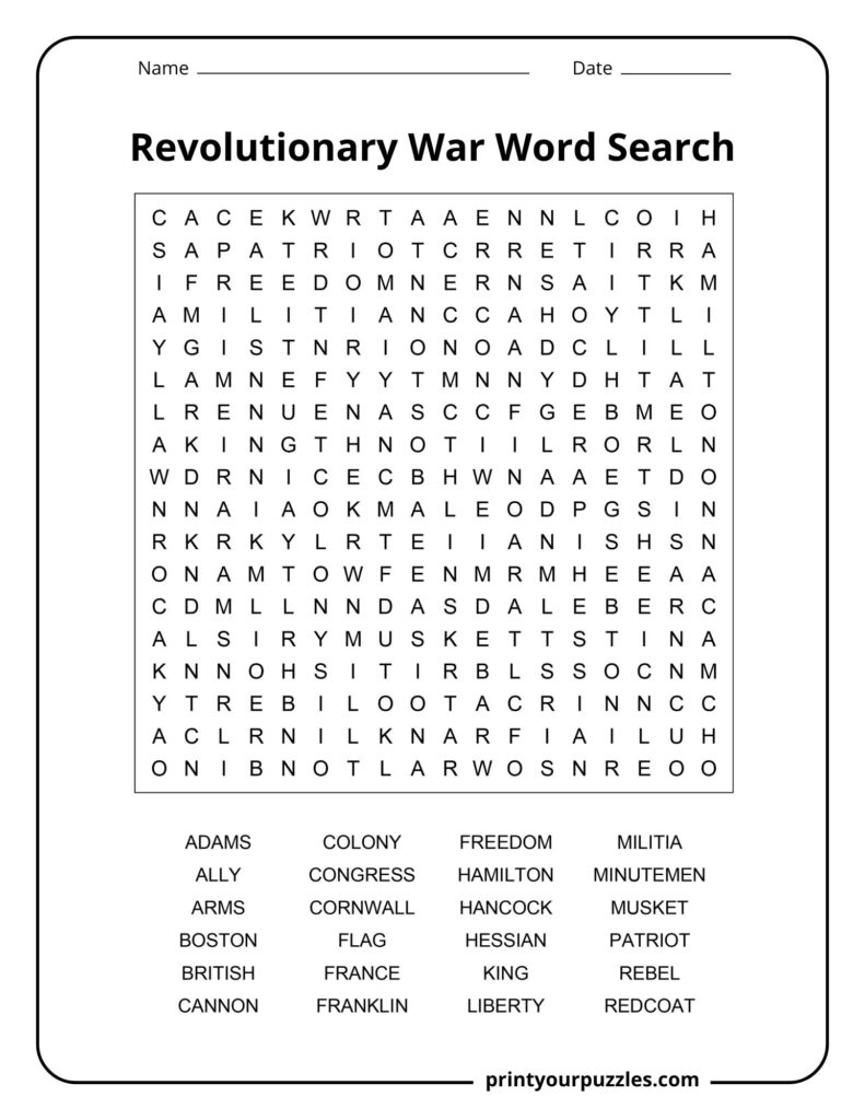 Medium Revolutionary War word search printable with 24 American Revolution vocabulary words.