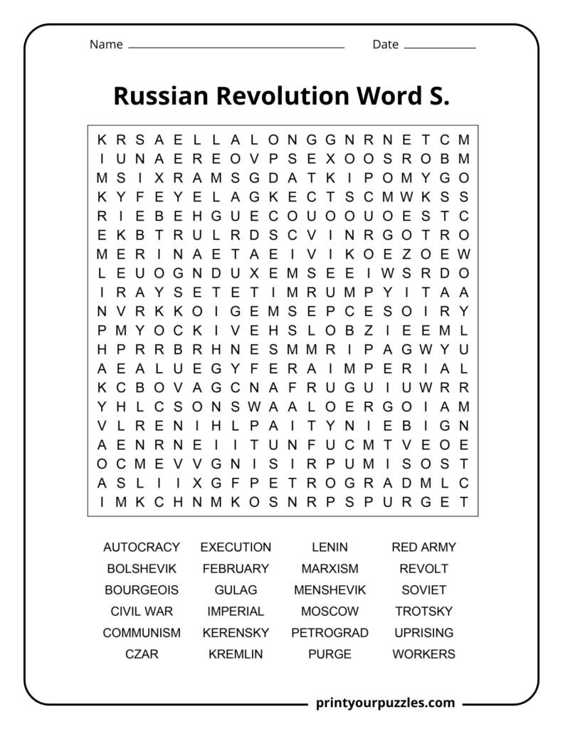 Hard Russian Revolution word search puzzle with 20x20 grid and terms like Lenin, Bolshevik, Soviet, and Trotsky.