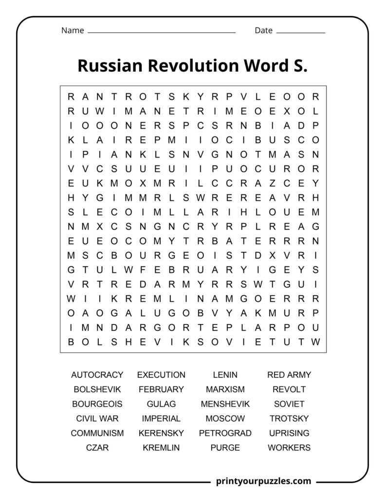 Medium Russian Revolution word search puzzle with grid and terms like Marxism, February, Kremlin, and Red Army.