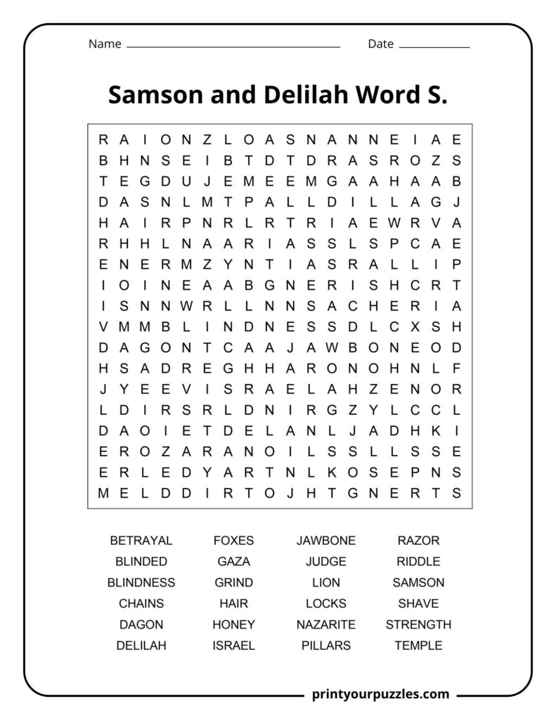 Medium Samson and Delilah word search puzzle with words like hair, lion, chains, and strength.