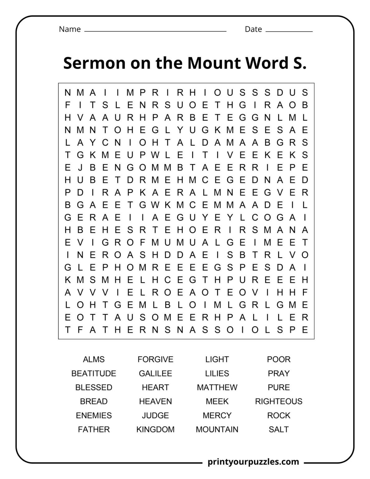 Sermon On The Mount Word Search | Print Your Puzzles