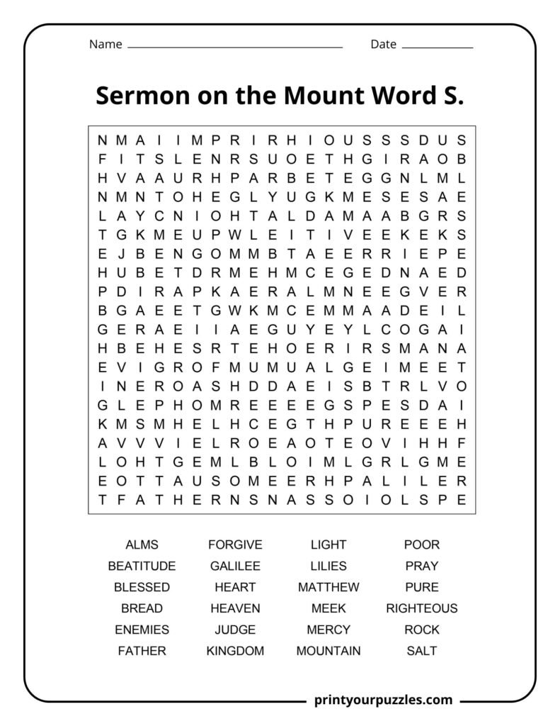 Hard Sermon on the Mount word search puzzle with large grid and terms like blessed, kingdom, and righteousness.