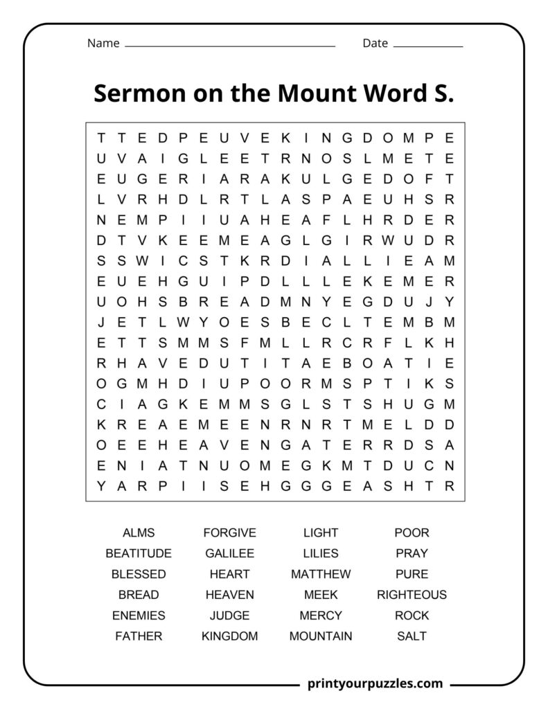 Medium Sermon on the Mount word search puzzle with balanced grid and words like prayer, light, and kingdom.