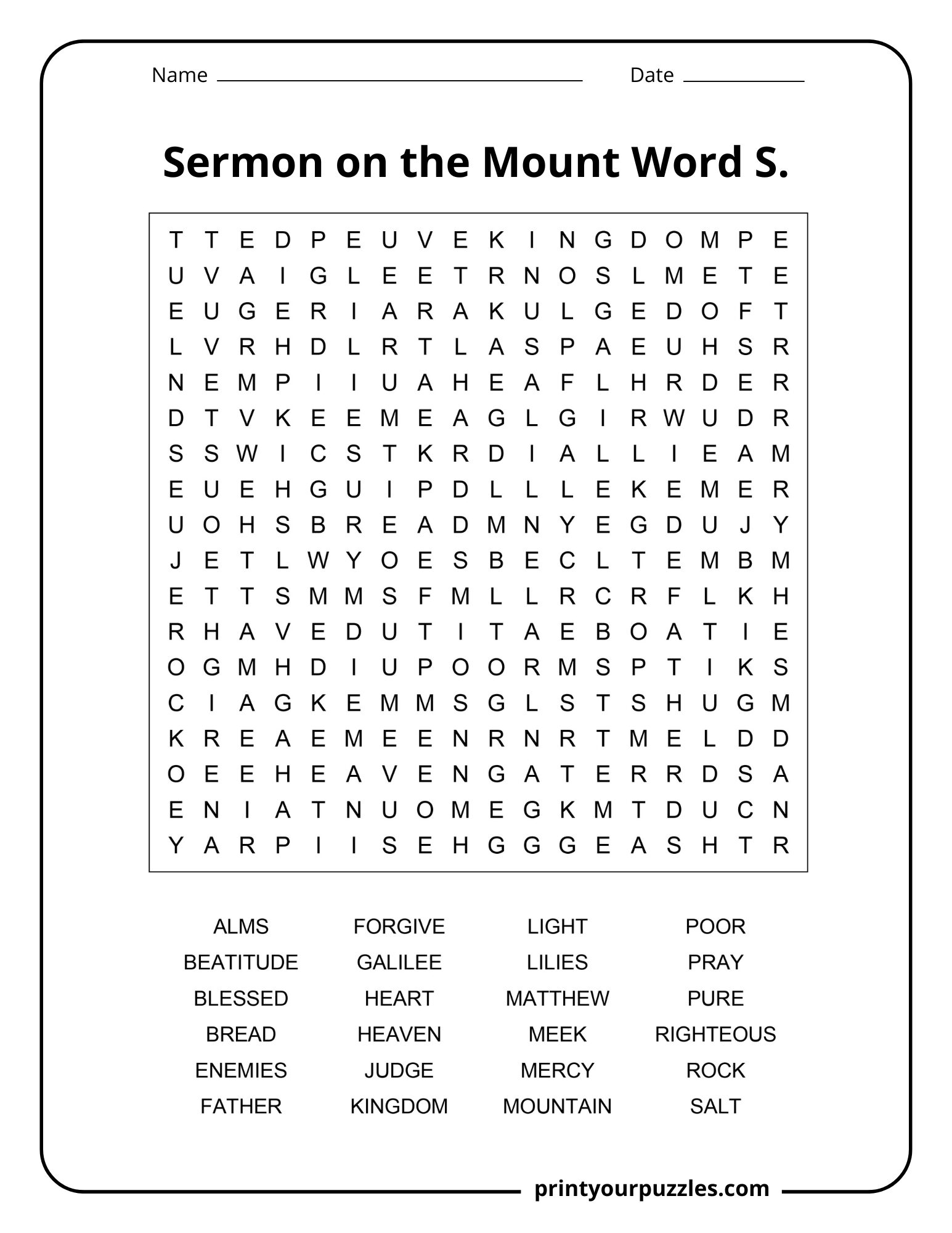 Medium Sermon on the Mount word search puzzle with balanced grid and words like prayer, light, and kingdom.