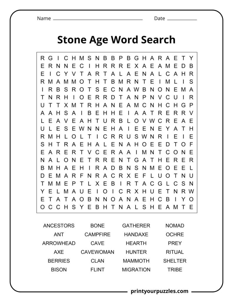Hard Stone Age word search puzzle with 20x20 grid and terms like mammoth, hunter, flint, and migration.