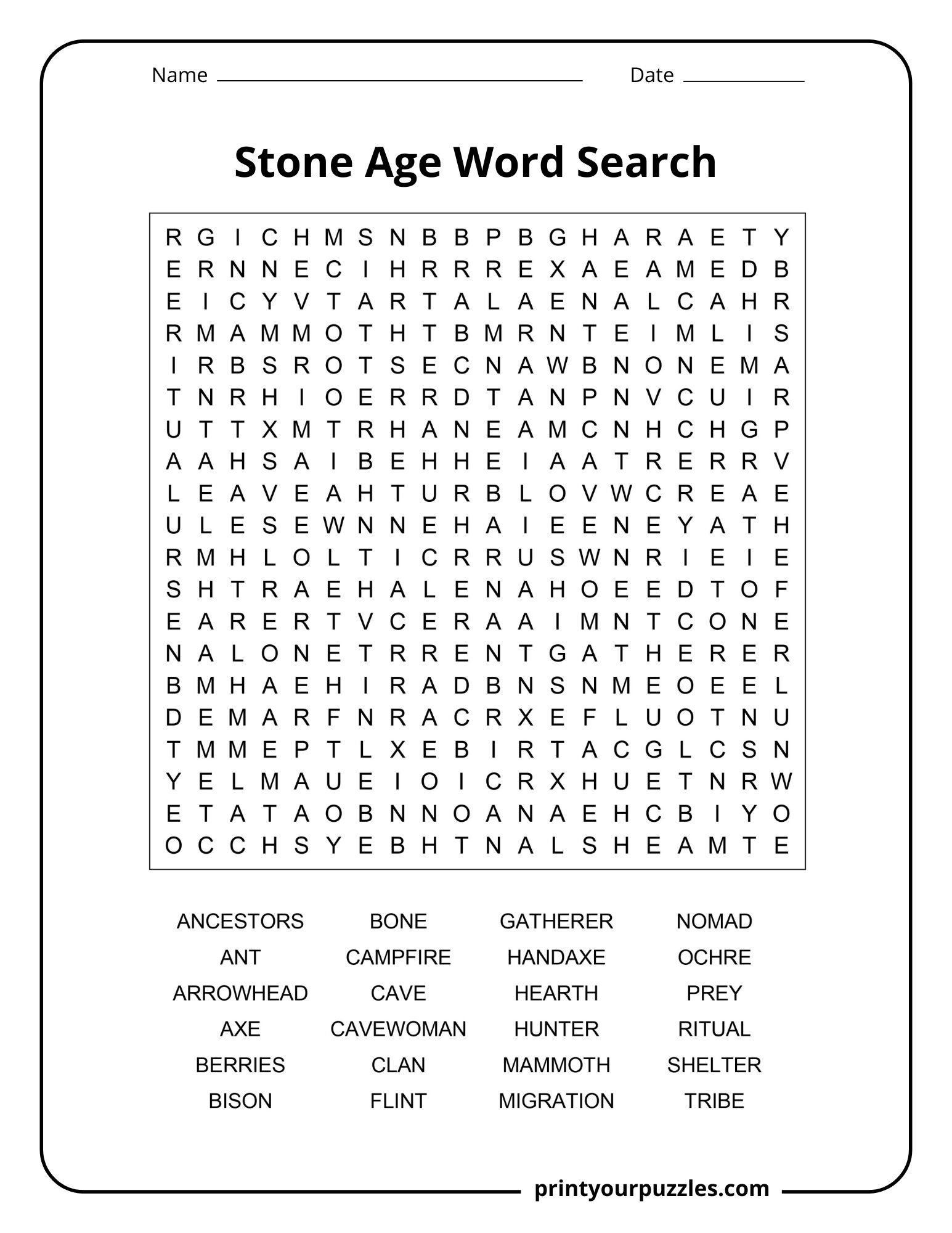 Stone Age Word Search | Print Your Puzzles