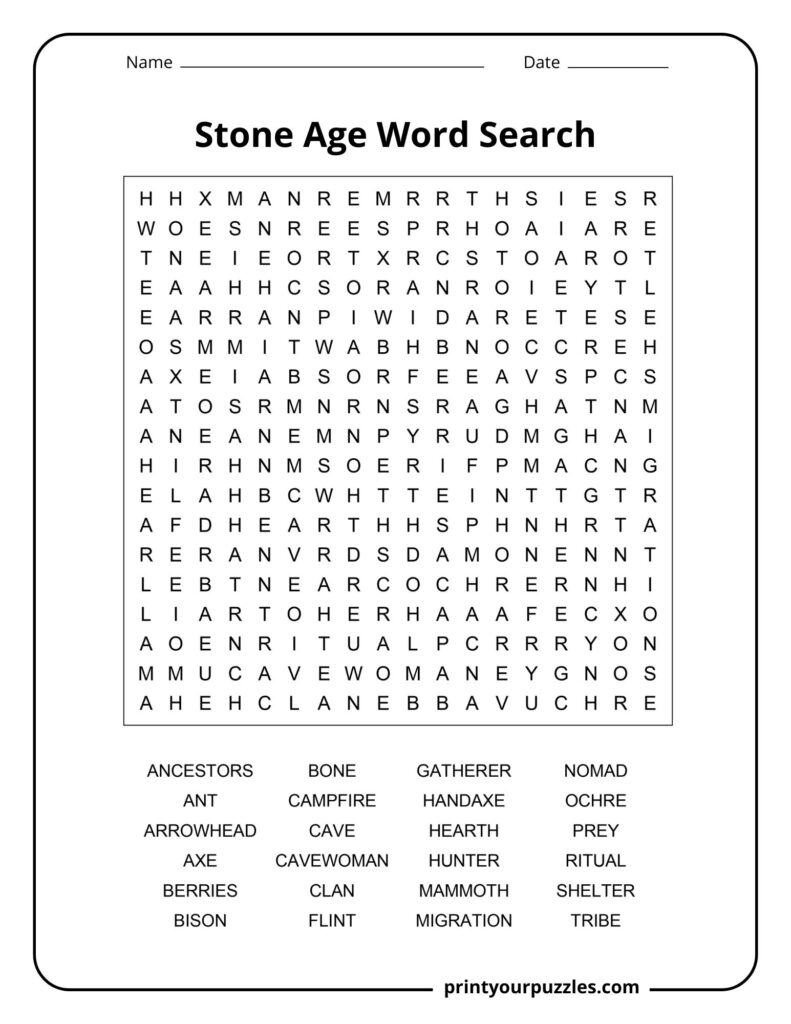 Medium Stone Age word search puzzle with grid and terms like cave, axe, hearth, and gatherer.