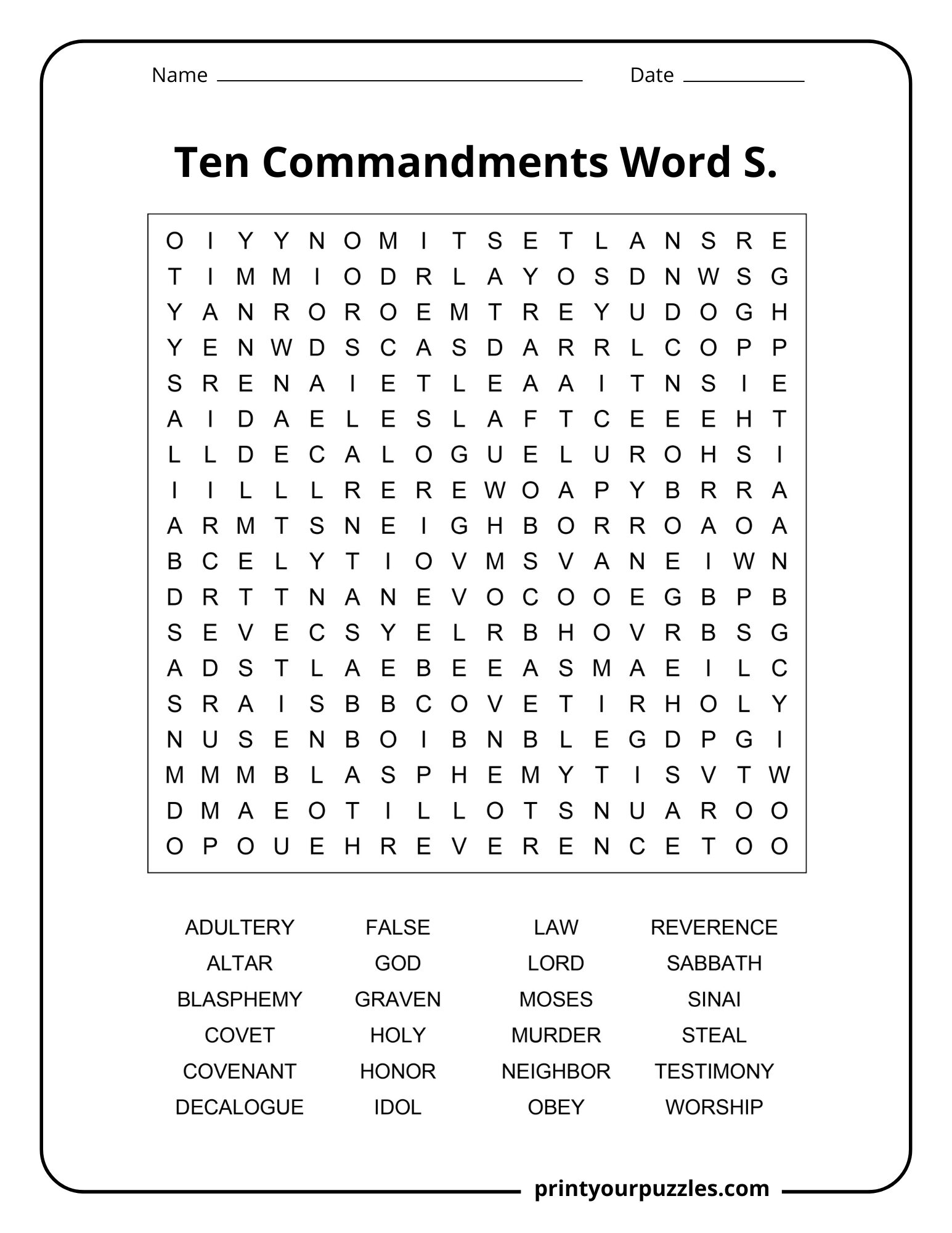 Medium Ten Commandments word search puzzle with clear grid and Bible law-themed hidden words.