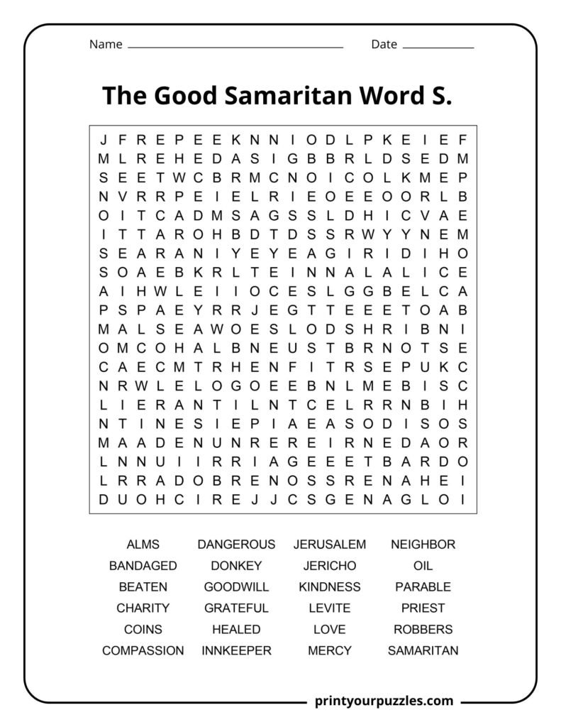 Hard Good Samaritan word search puzzle with 20x20 grid and 24 themed words like mercy, robbers, and Jericho.