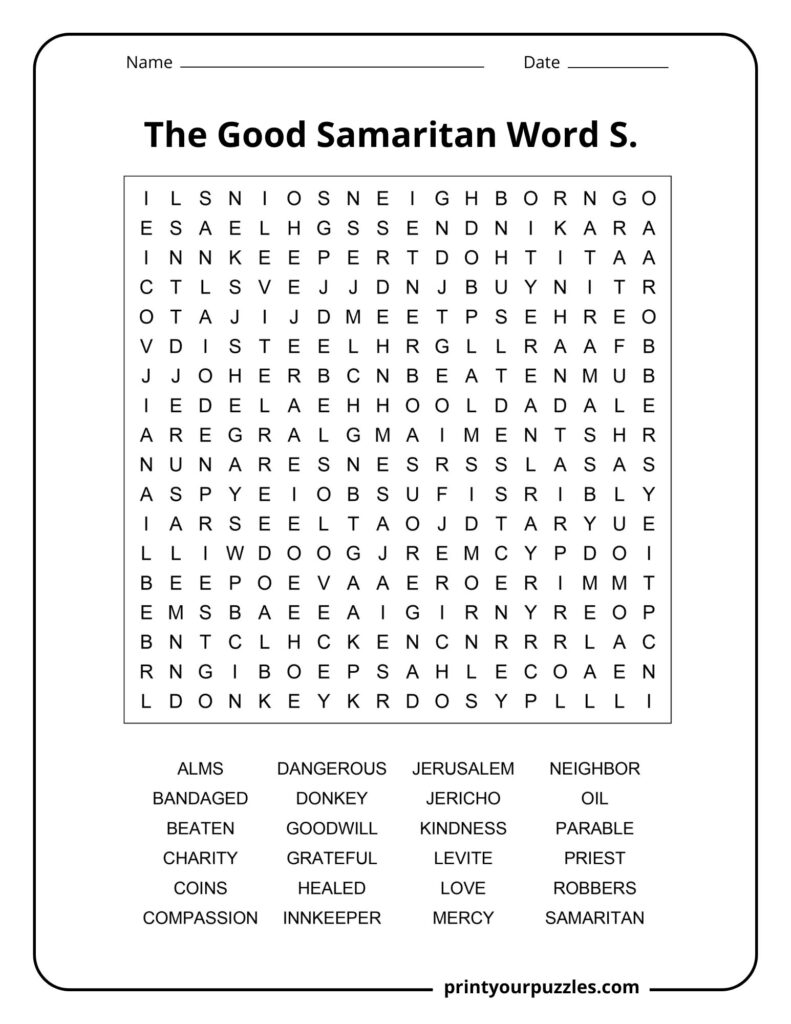 Medium Good Samaritan word search puzzle with grid and words like neighbor, kindness, donkey, and innkeeper.