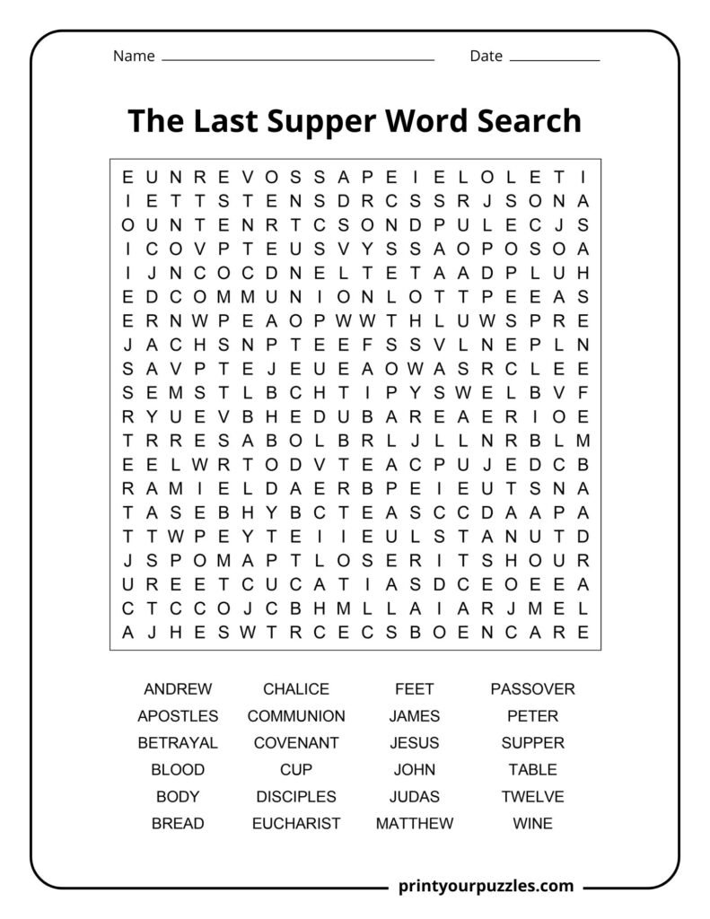 Hard Last Supper word search puzzle with large grid and key terms like apostles, communion, and covenant.