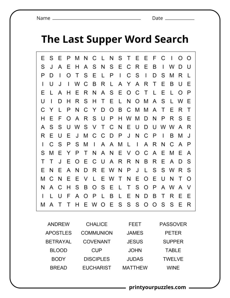 Medium Last Supper word search puzzle with balanced grid and biblical terms like Jesus, bread, wine, and apostles.