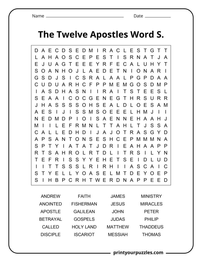 Hard Twelve Apostles word search puzzle with large grid and terms like Peter, Judas, Matthew, and miracles.