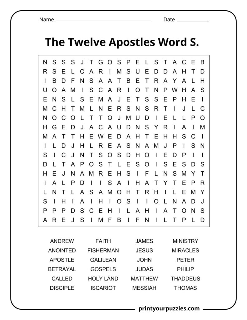 Medium Twelve Apostles word search puzzle with clear grid and words like Jesus, John, Andrew, and disciples.