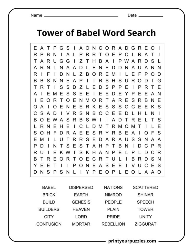 Hard Tower of Babel word search puzzle with dense grid and 24 Genesis story-themed hidden words.