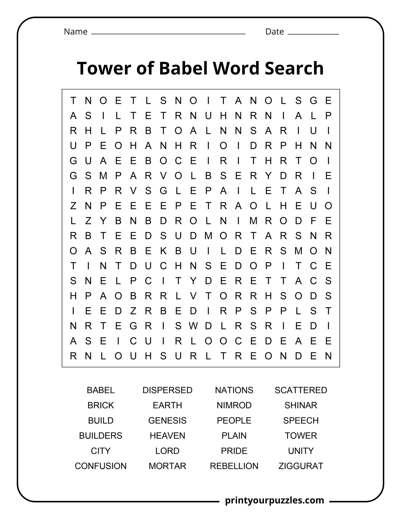 Medium Tower of Babel word search puzzle with clear grid and Genesis-themed hidden words,