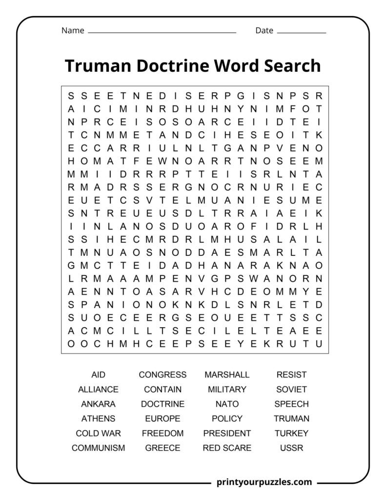 Hard Truman Doctrine word search puzzle with Cold War terms like Truman, NATO, USSR, and containment.