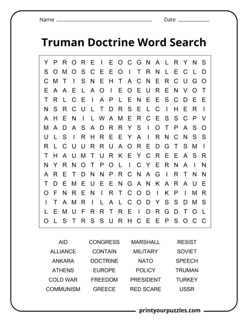 Medium Truman Doctrine word search puzzle with terms like Turkey, Greece, policy, and Cold War.
