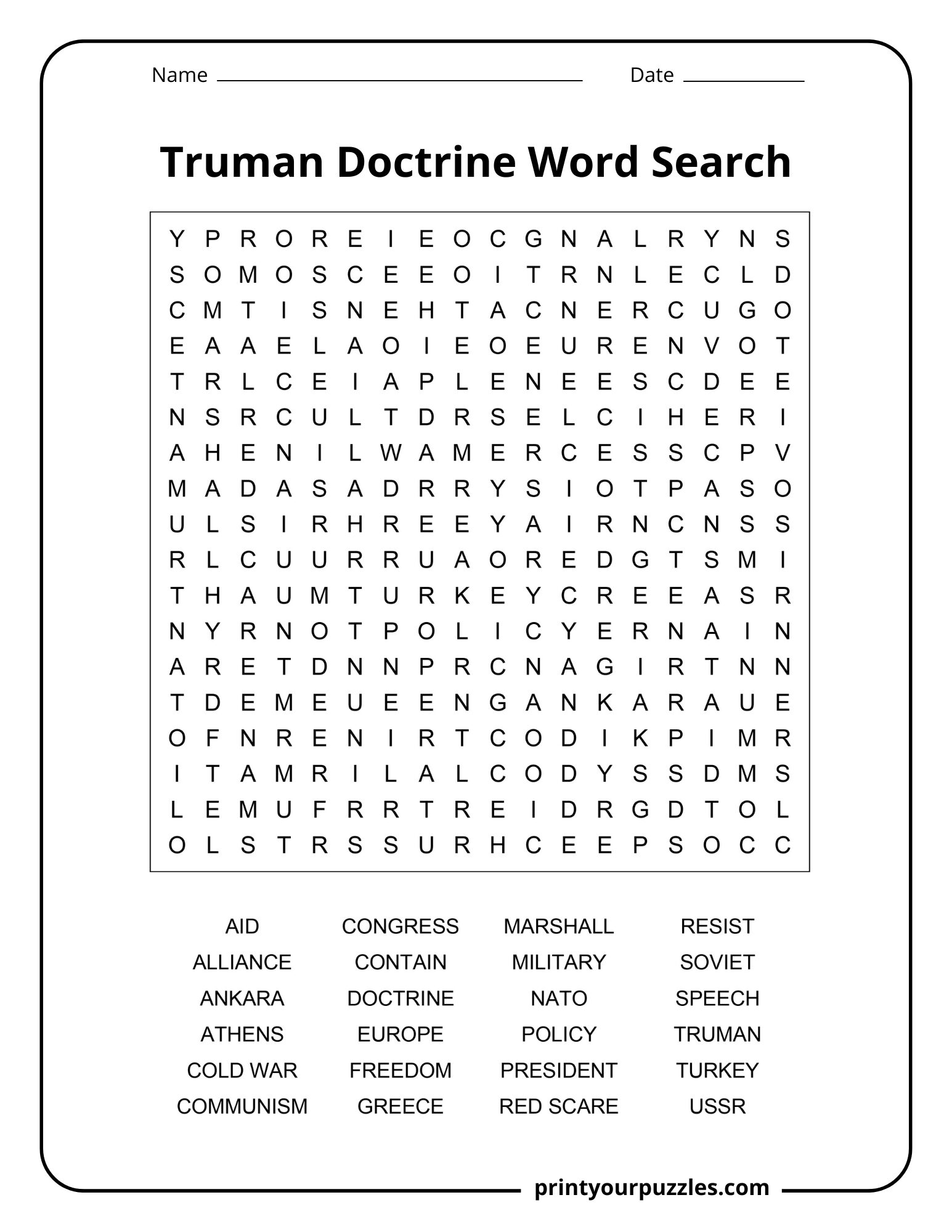 Medium Truman Doctrine word search puzzle with terms like Turkey, Greece, policy, and Cold War.