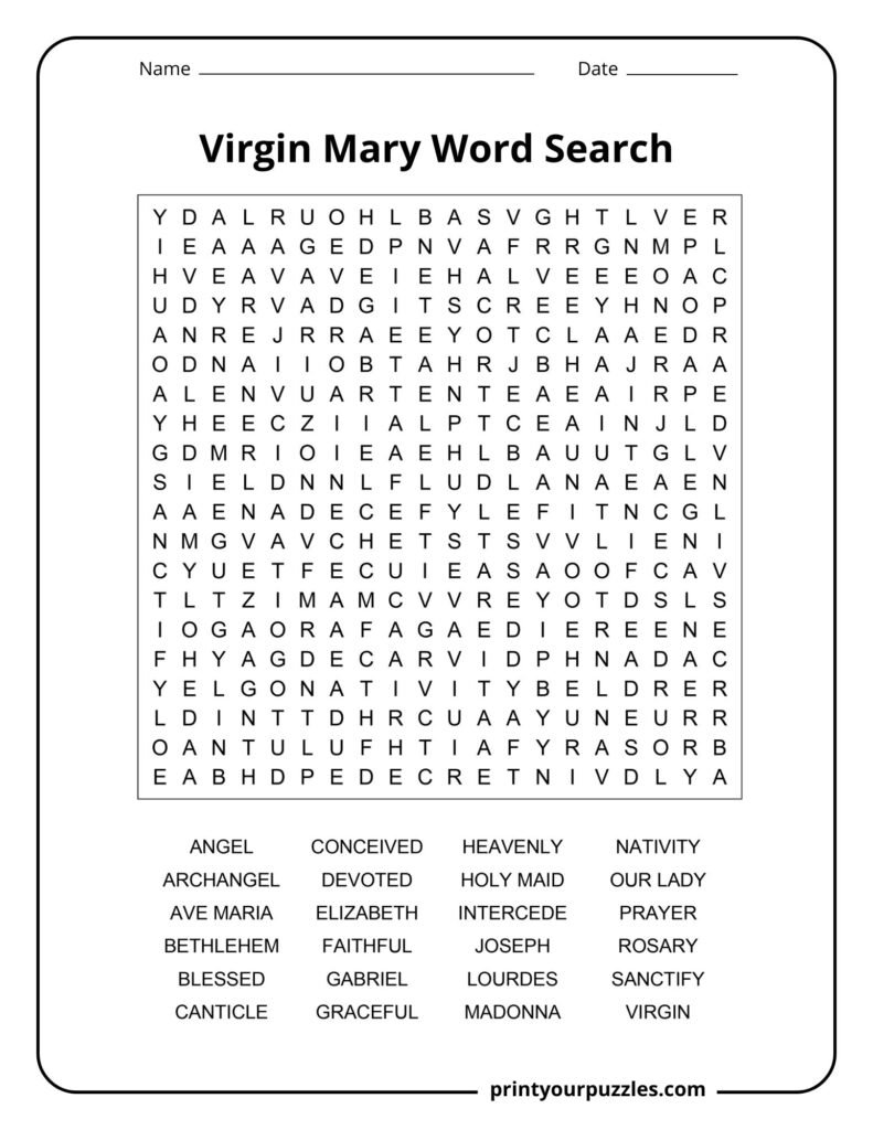 Hard Virgin Mary word search puzzle with 20x20 grid and 24 words like Gabriel, rosary, and nativity.