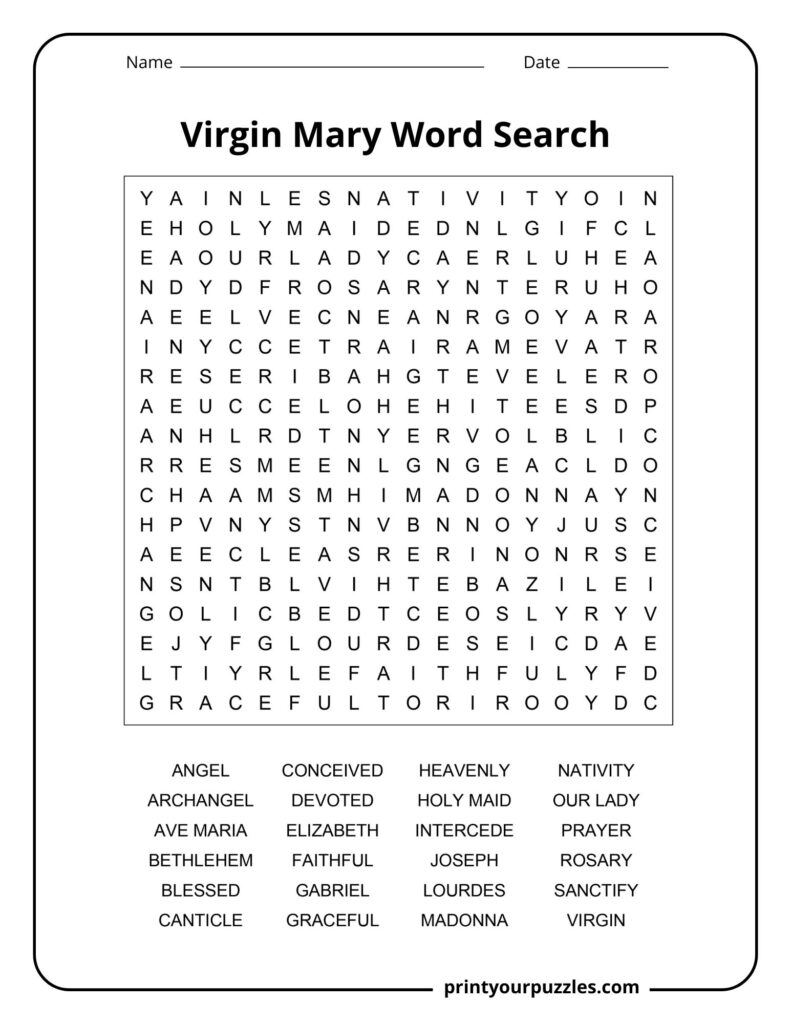 Medium Virgin Mary word search puzzle with grid and words like prayer, Lourdes, faithful, and Madonna.