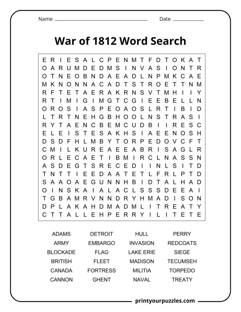 Hard War of 1812 word search printable with 24 military and history vocabulary words.