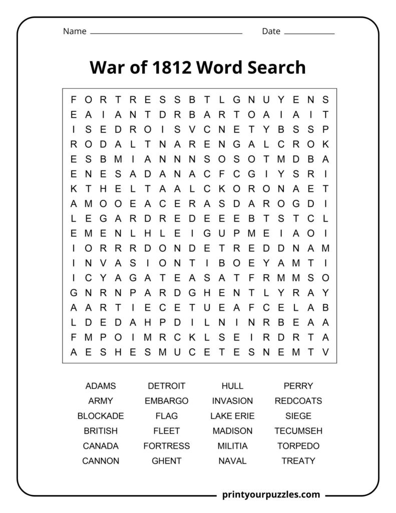 Medium War of 1812 word search printable with 24 history terms in a clear, student-friendly layout.
