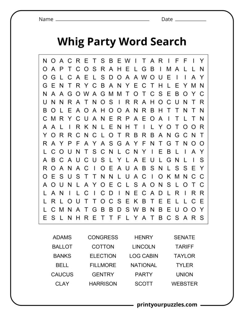 Hard Whig Party word search printable with 24 political and historical terms from 19th century America.
