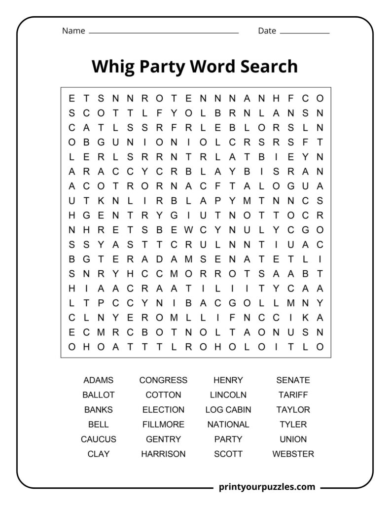 Medium Whig Party word search printable with 24 U.S. political history terms in a clear puzzle layout.