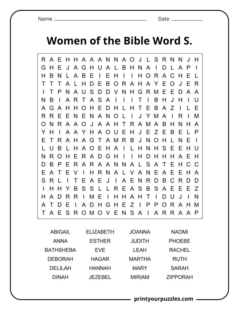 Hard Women of the Bible word search puzzle with large grid and names like Ruth, Esther, Mary, and Deborah.
