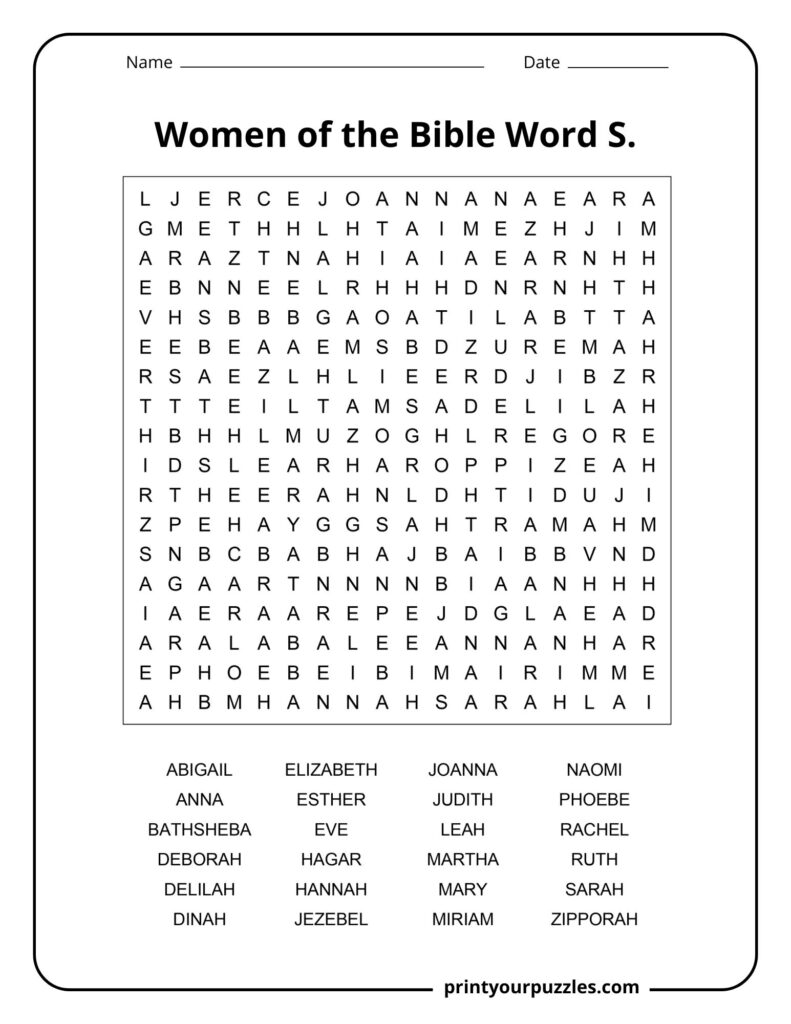Medium Women of the Bible word search puzzle with clear grid and names like Hannah, Rachel, Miriam, and Abigail.