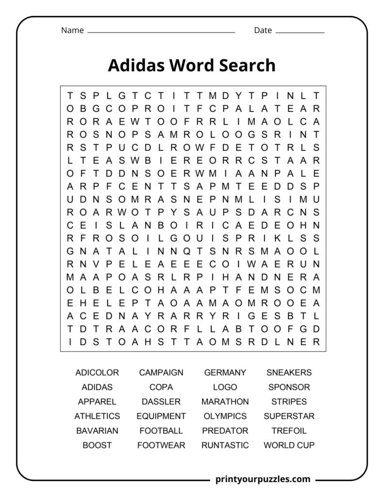 Hard Adidas word search puzzle featuring Superstar, Predator, Trefoil, and World Cup themed words.