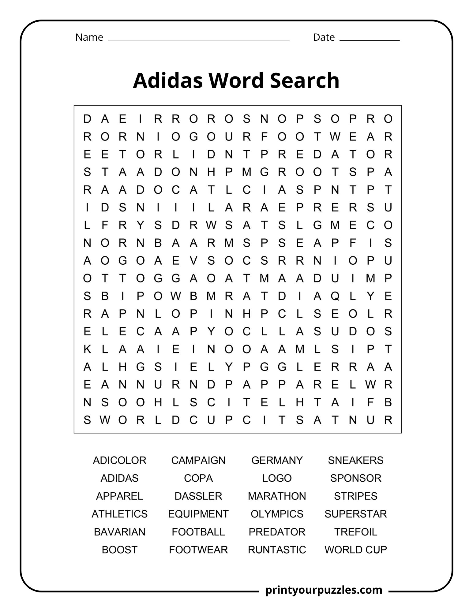 Medium Adidas word search with football, sneakers, apparel, stripes, and sports branding keywords.