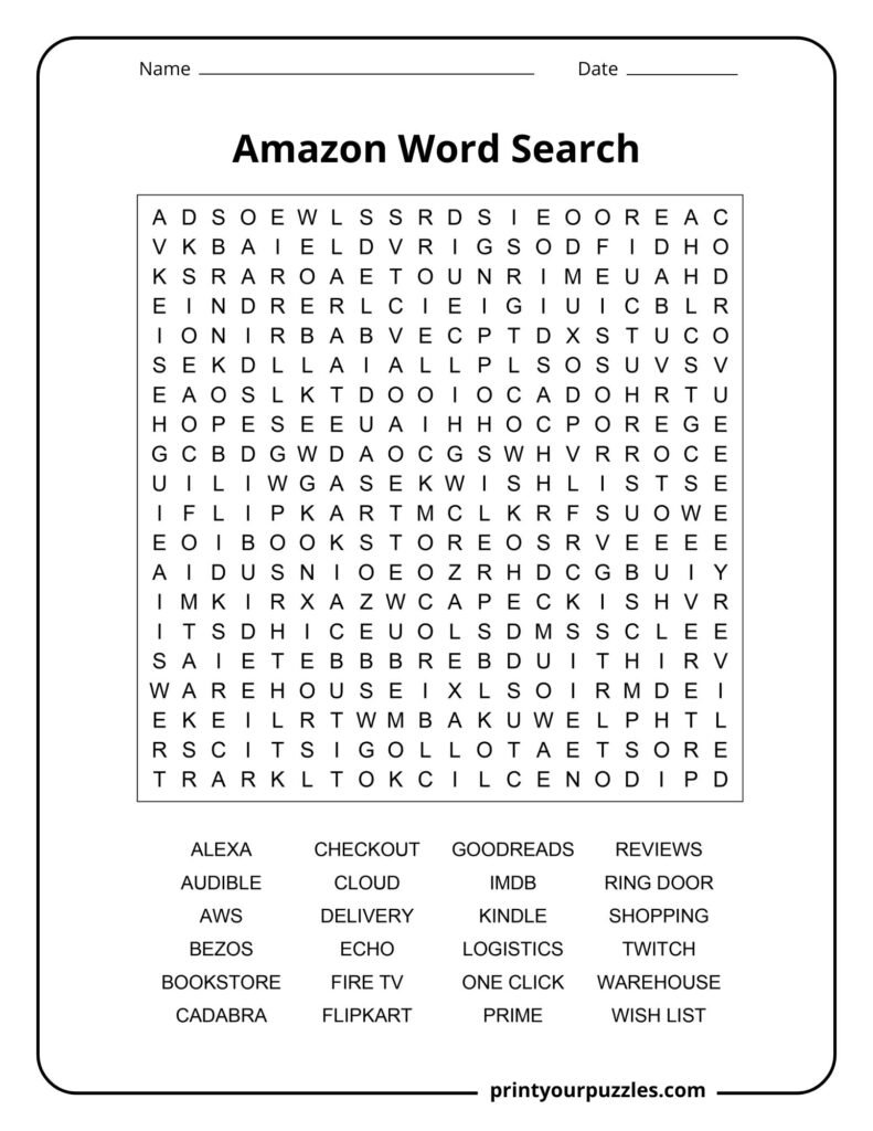 Hard Amazon-themed word search puzzle featuring Amazon services, brands, and online shopping vocabulary.