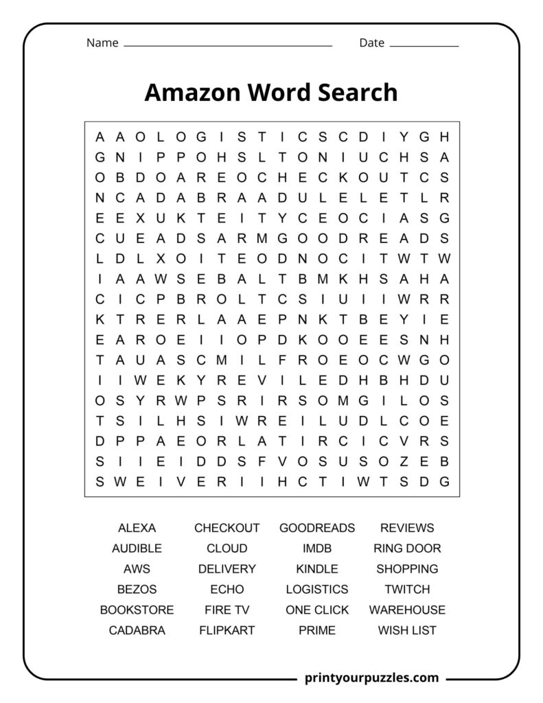 Medium Amazon word search puzzle featuring online shopping terms, Amazon brands, and digital services.