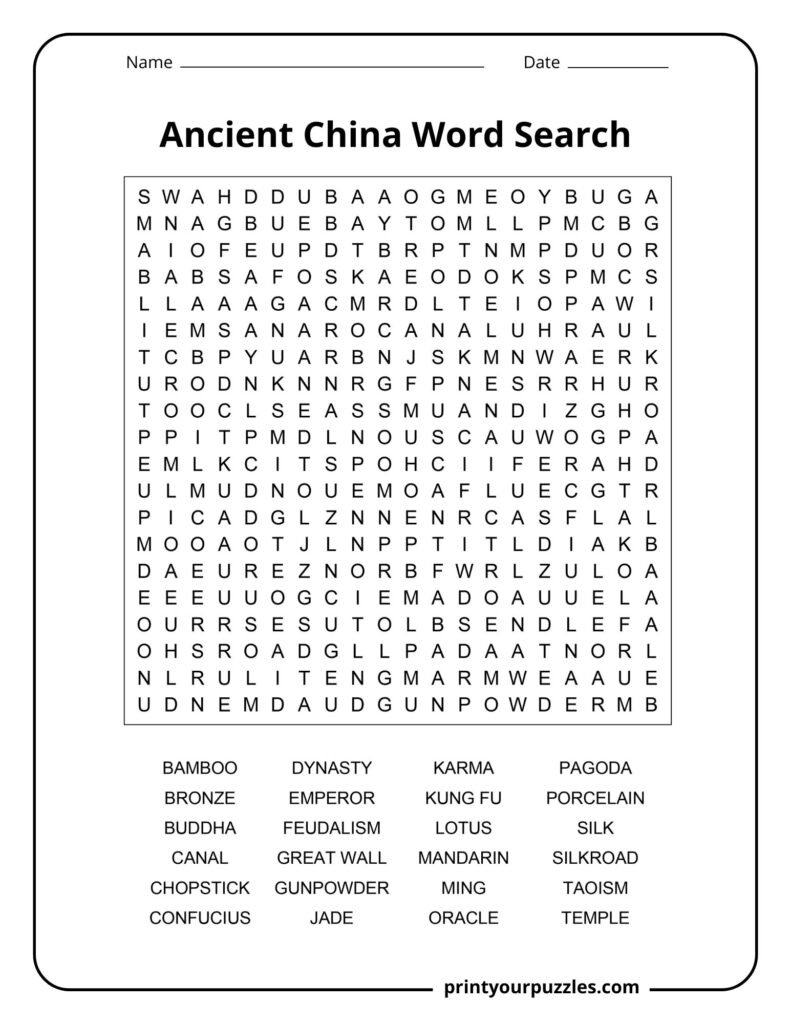 Hard Ancient China word search puzzle with 20x20 grid and terms like dynasty, silk road, Confucius, and emperor.