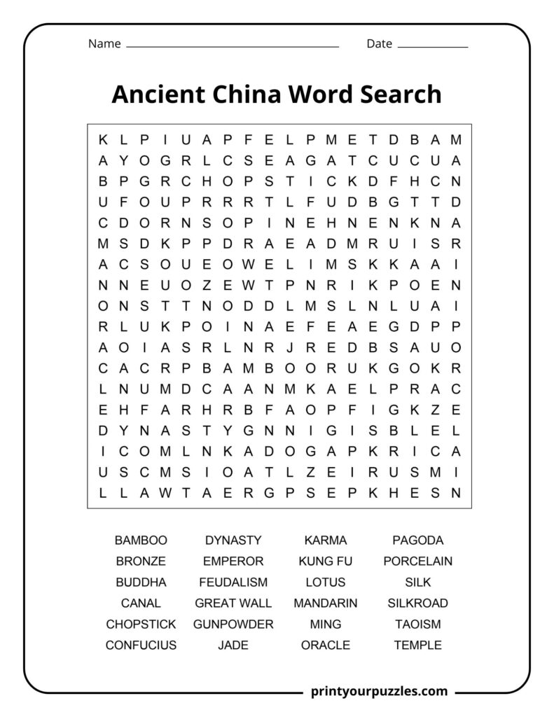Medium Ancient China word search puzzle with grid and terms like bamboo, jade, temple, and Great Wall.