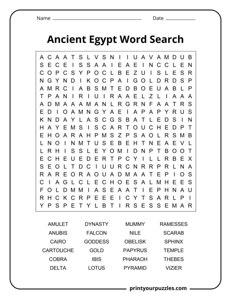 Hard Ancient Egypt word search with large grid and terms like pharaoh, pyramid, Nile, and hieroglyphs.